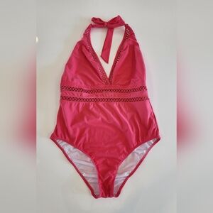 Venus halter lattice trim one piece Swimsuit in Coral Pink Plus Size 18
